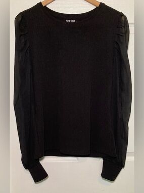 Nine West 🟣 Size Large Sheer Puff Sleeve Top in Black